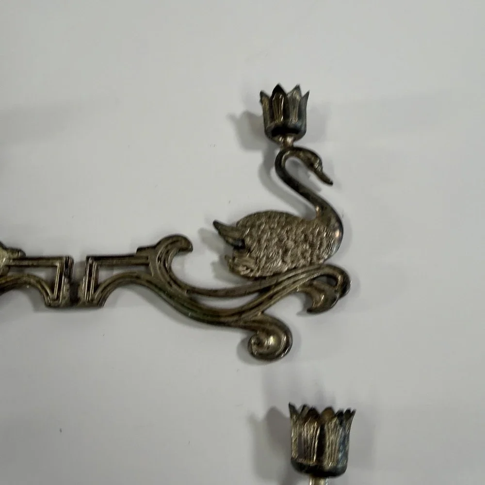 Vintage Silver Plated Swan Candle Stick Holder Wall Mounted Ornate Set Of 2